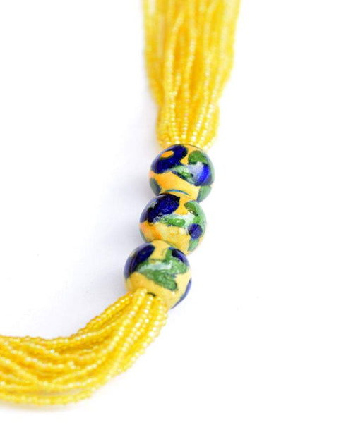Blue Pottery Three Bead Side Necklace In Yellow